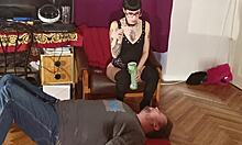 European femdom feeds her submissive mouth to mouth in HD