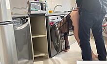 I pushed my step-mother into the washing machine and had anal sex with her, resulting in a creampie and a handjob with cum